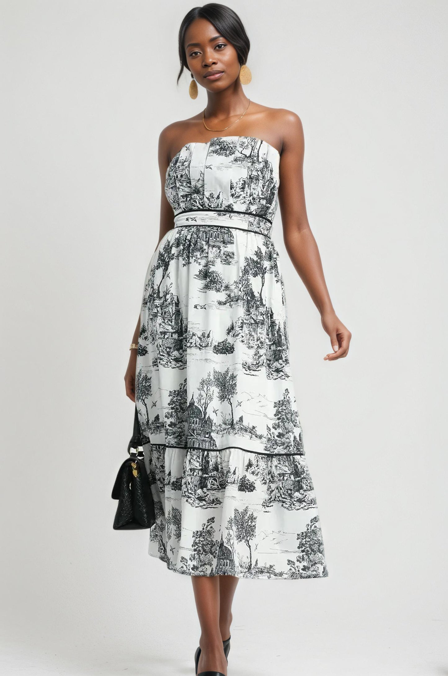 Toile Printed Tiered Tube Midi Dress