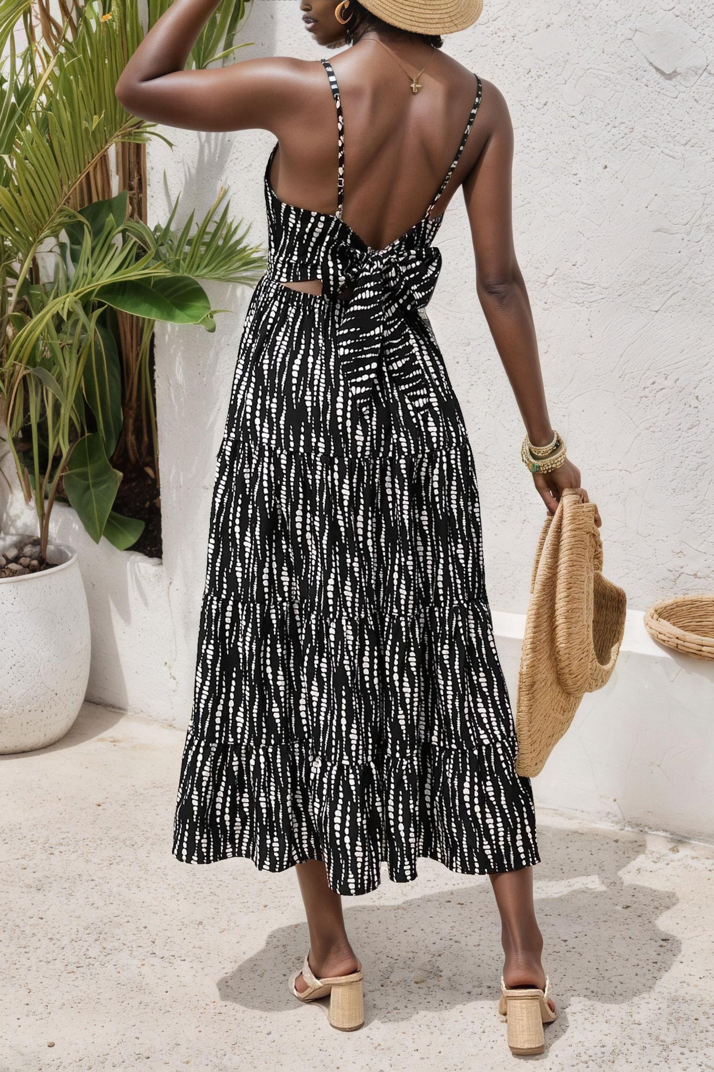 Abstract Dot Tiered Midi Cami Dress with Bow Back