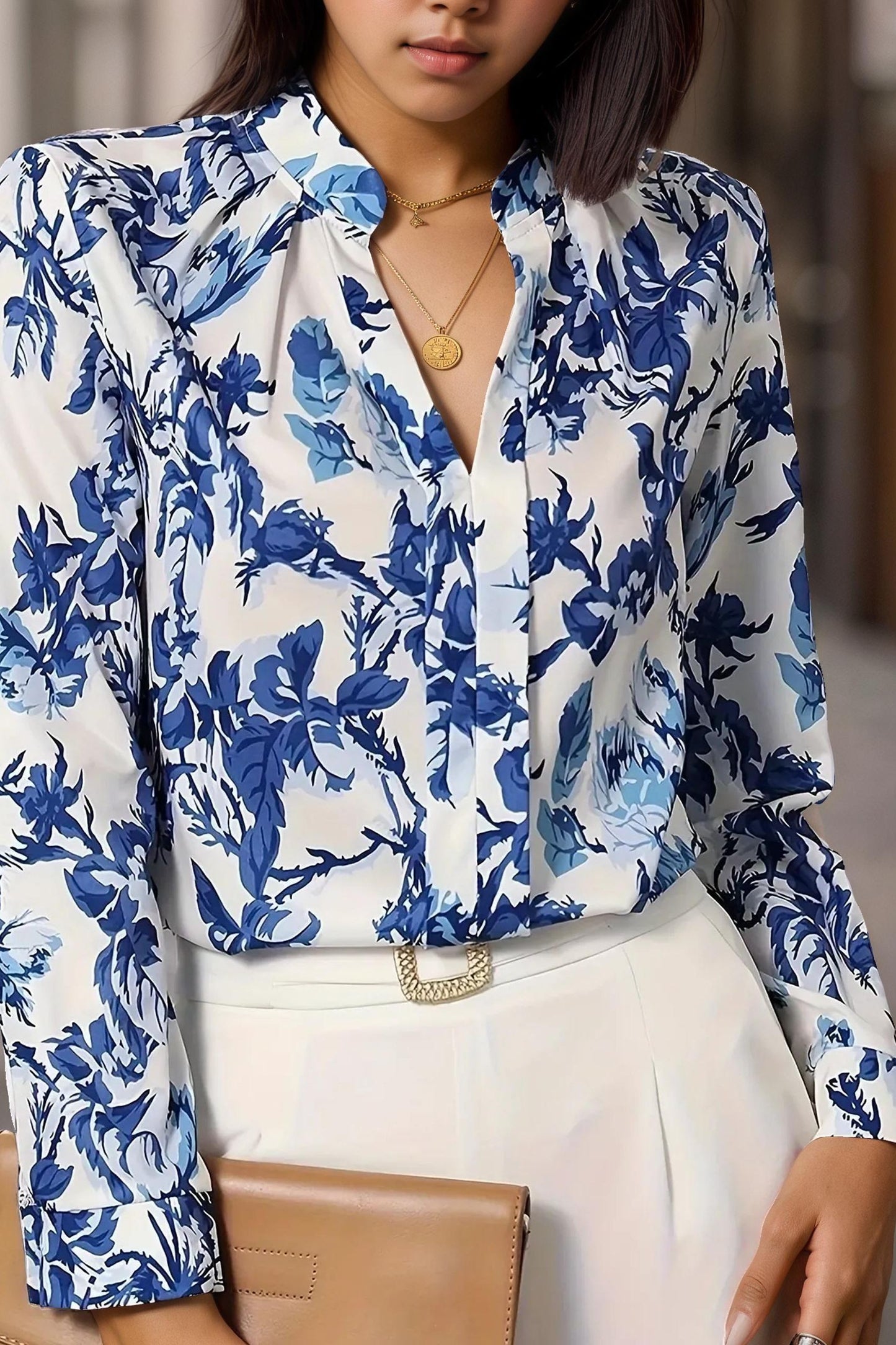 Blue Floral Printed Long Sleeve Blouse