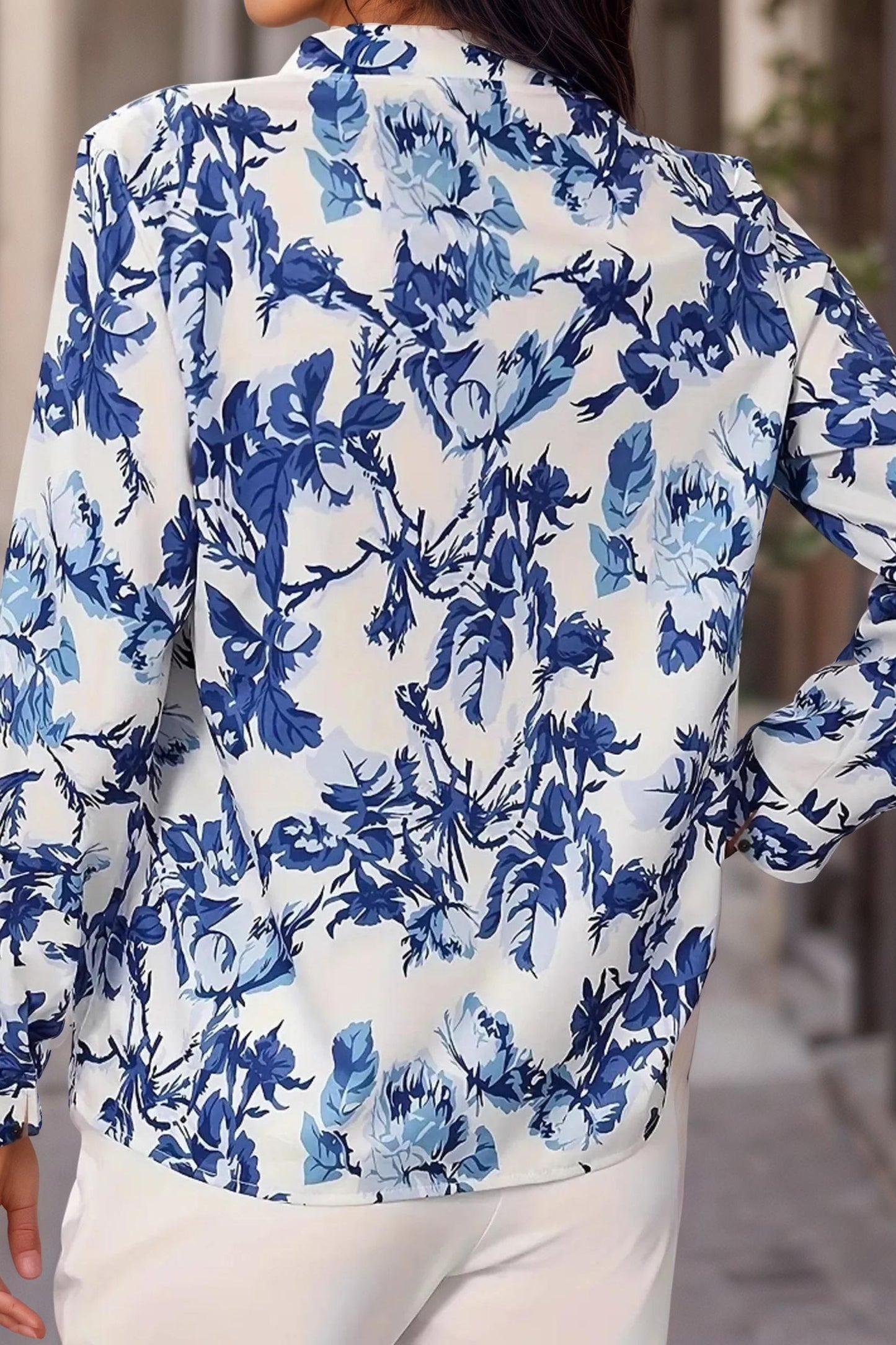 Blue Floral Printed Long Sleeve Blouse