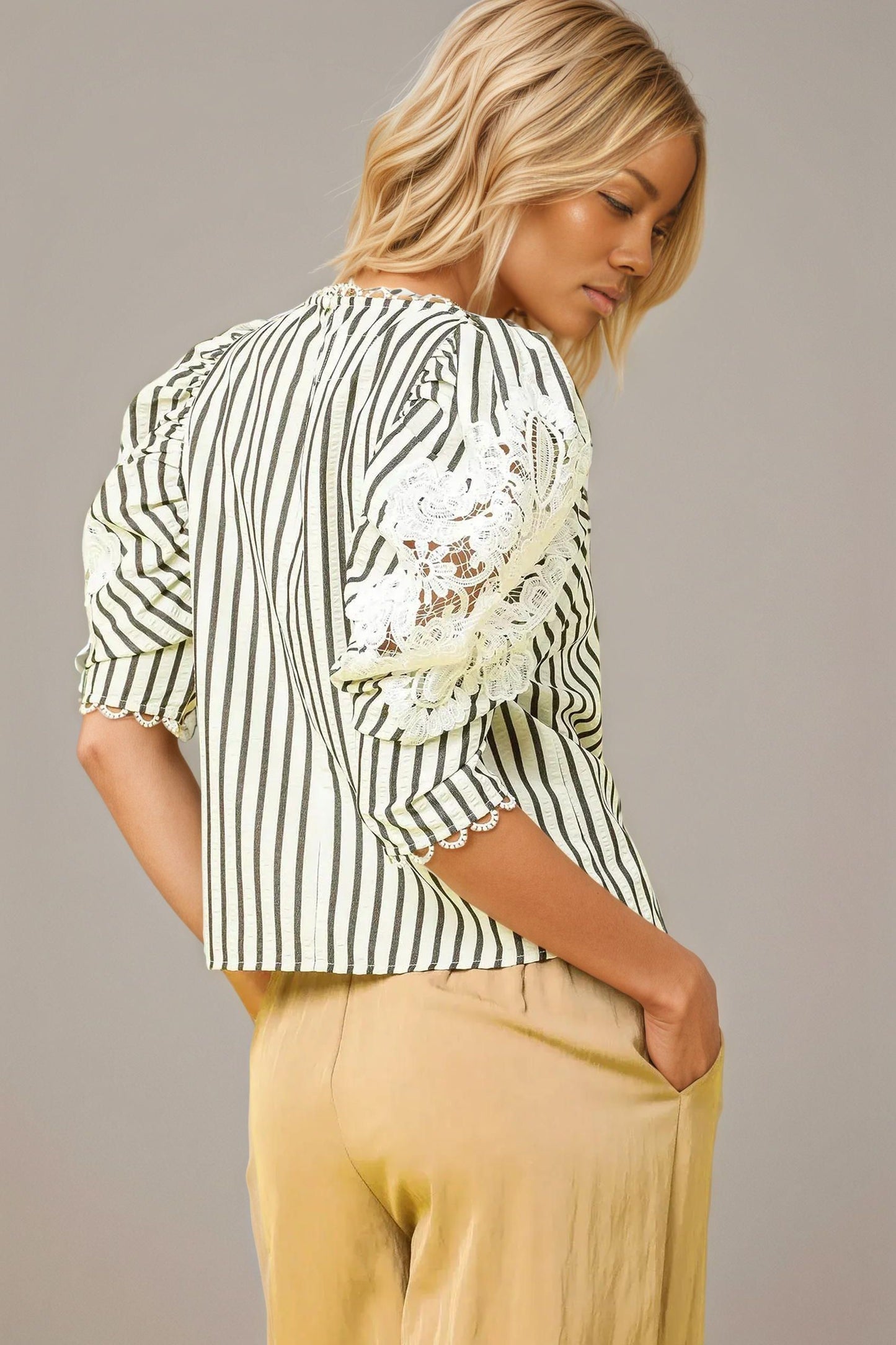 Black Striped 3/4 Sleeve Blouse with Lace Detail