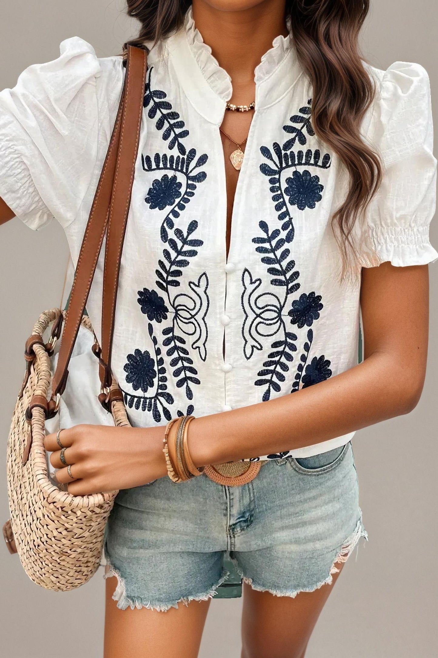 Cotton Embroidered Front Short Sleeve Blouse