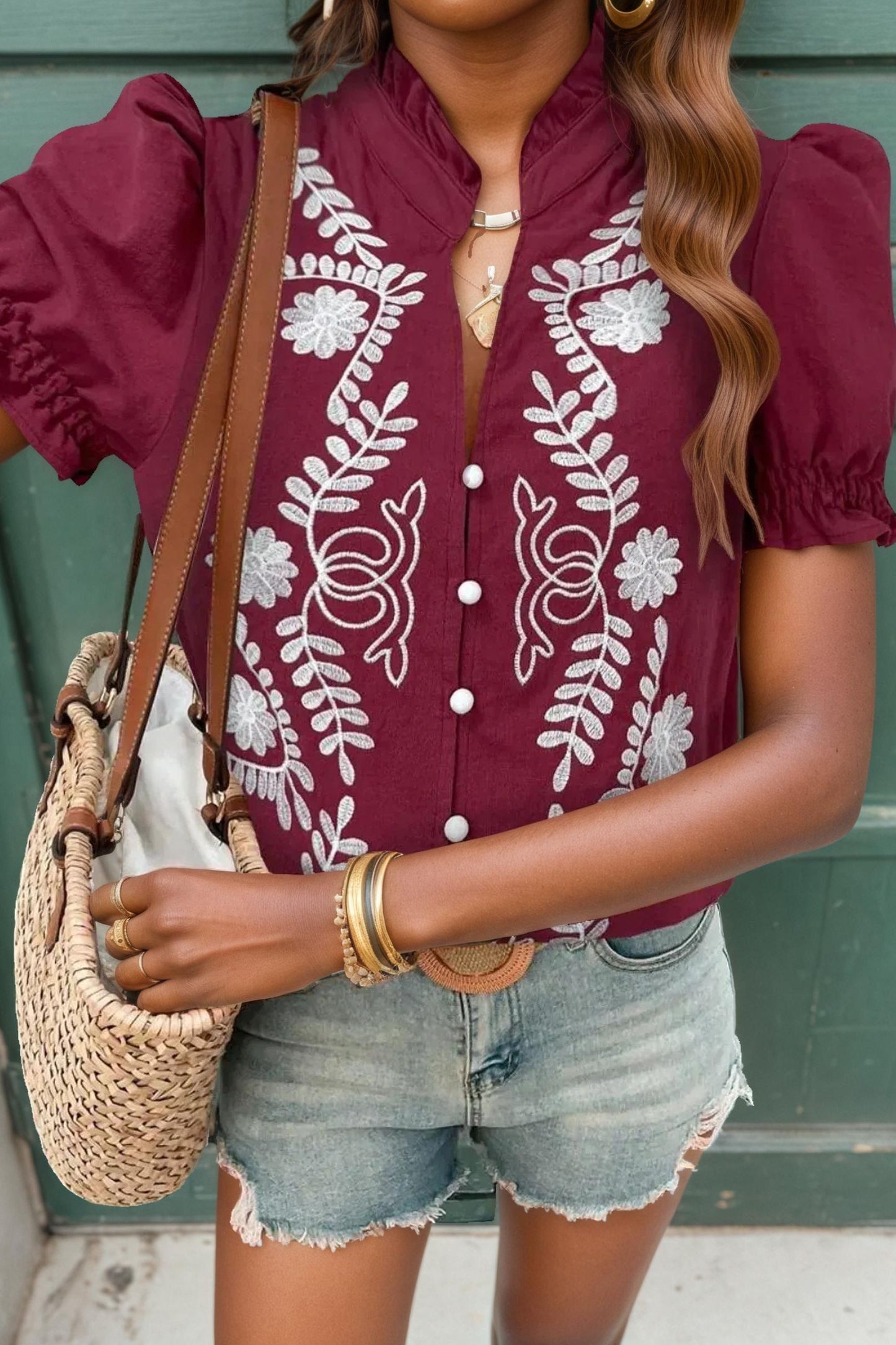 Cotton Embroidered Front Short Sleeve Blouse