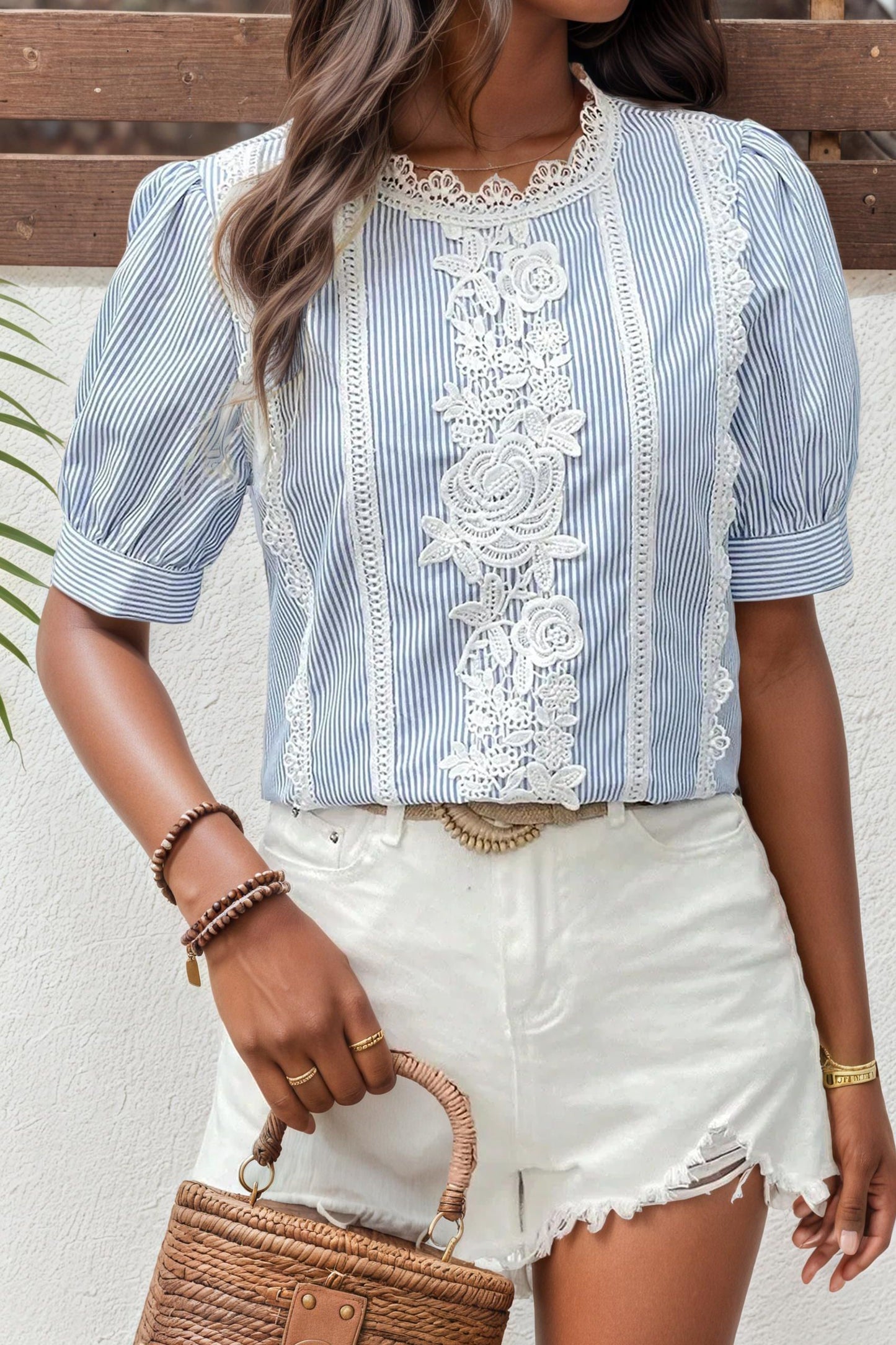 Striped Lace Detail Short Sleeve Blouse