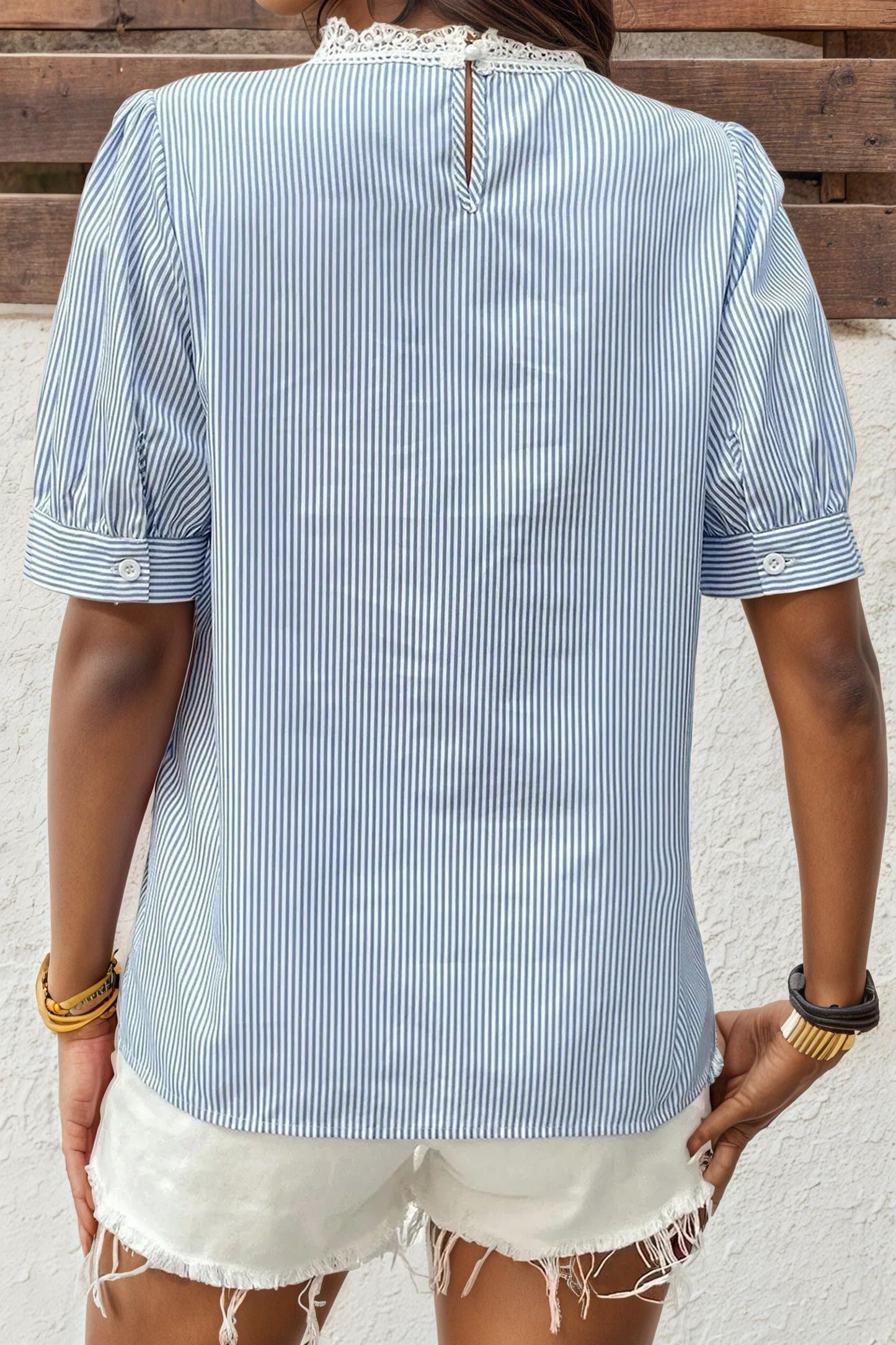 Striped Lace Detail Short Sleeve Blouse