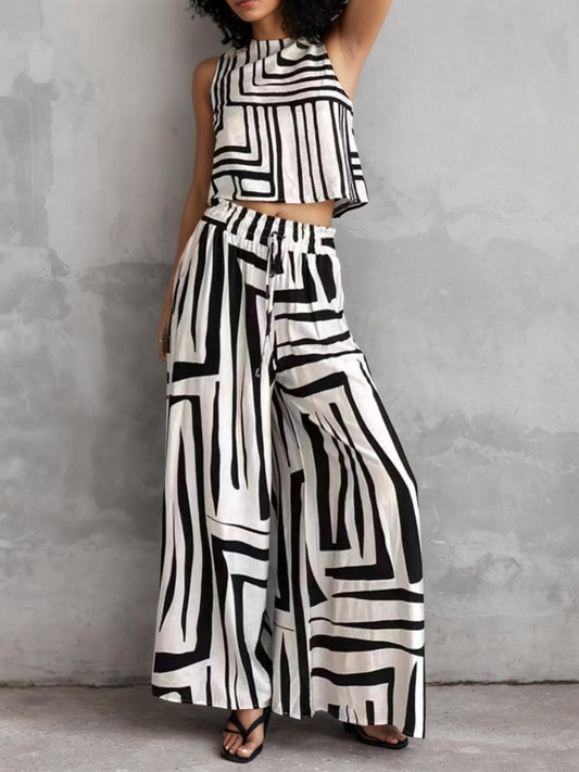 Geometric Print Sleeveless Top and Wide Leg Pants Set