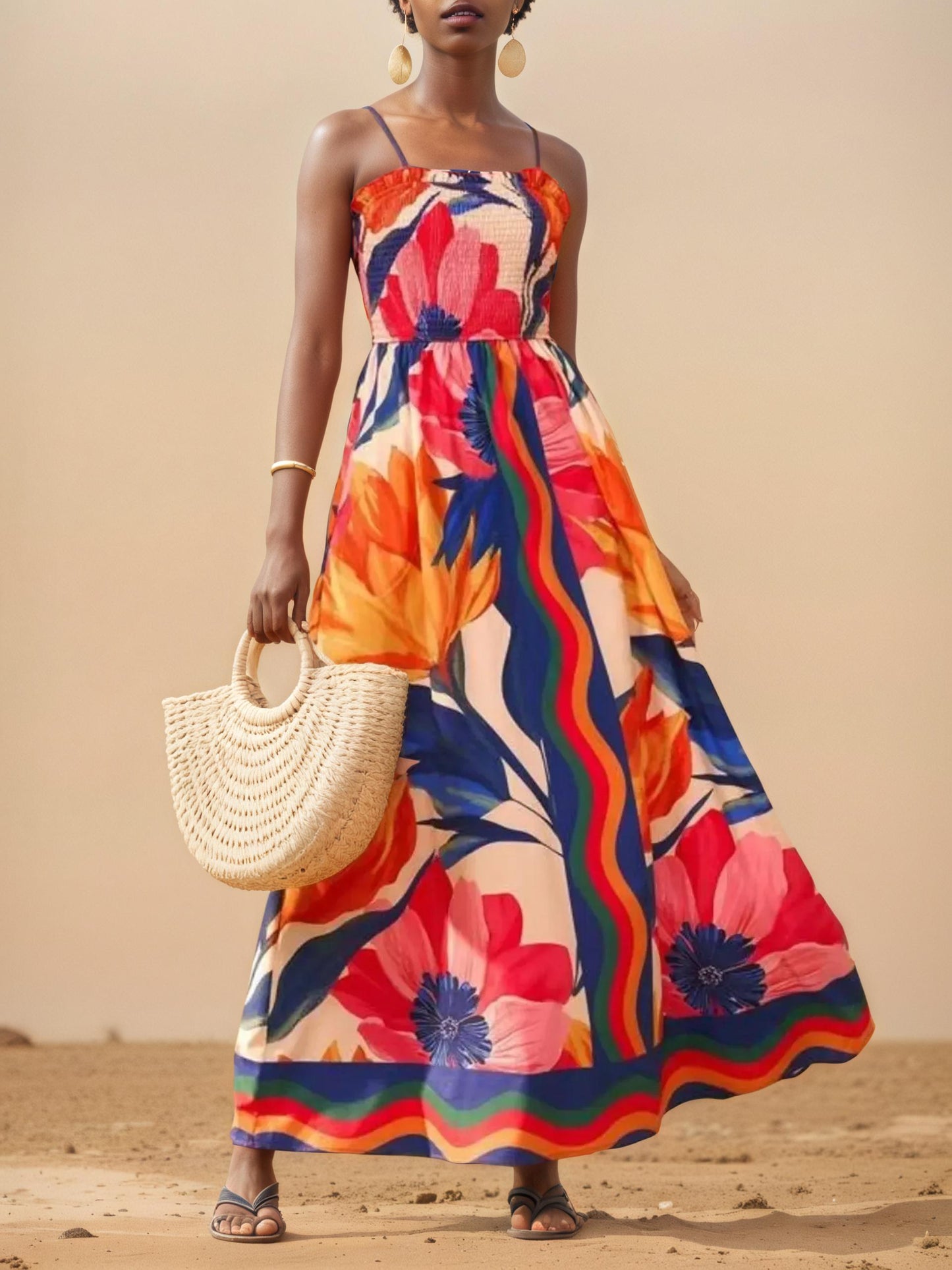 Smocked Floral Print Spaghetti Strap Maxi Dress