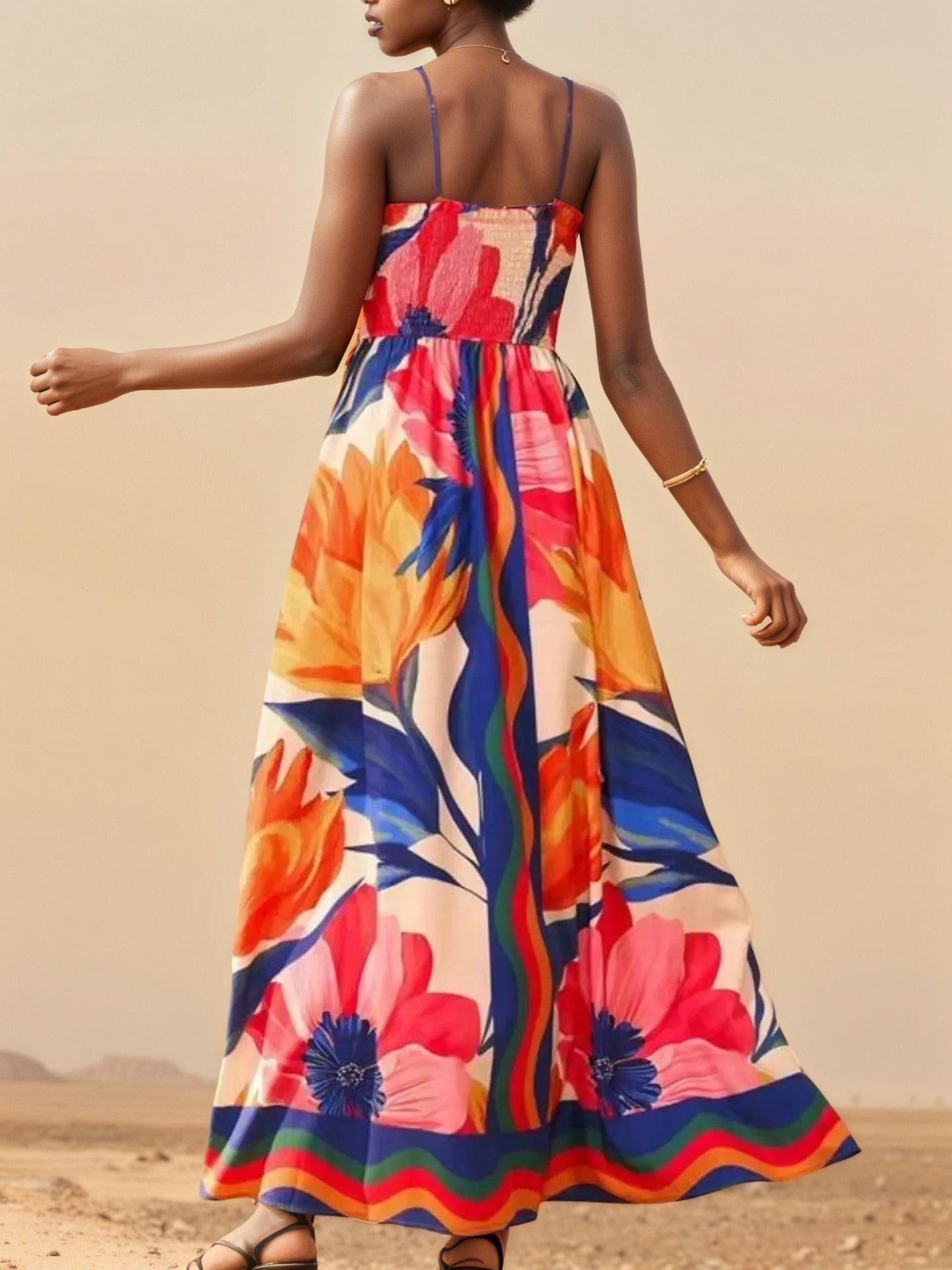 Smocked Floral Print Spaghetti Strap Maxi Dress