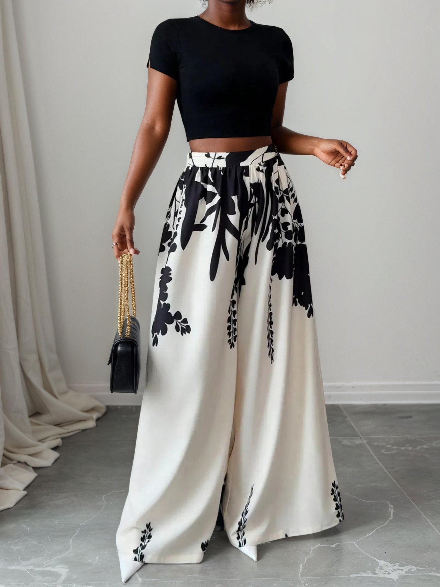 Abstract Floral Printed Wide Leg Pants