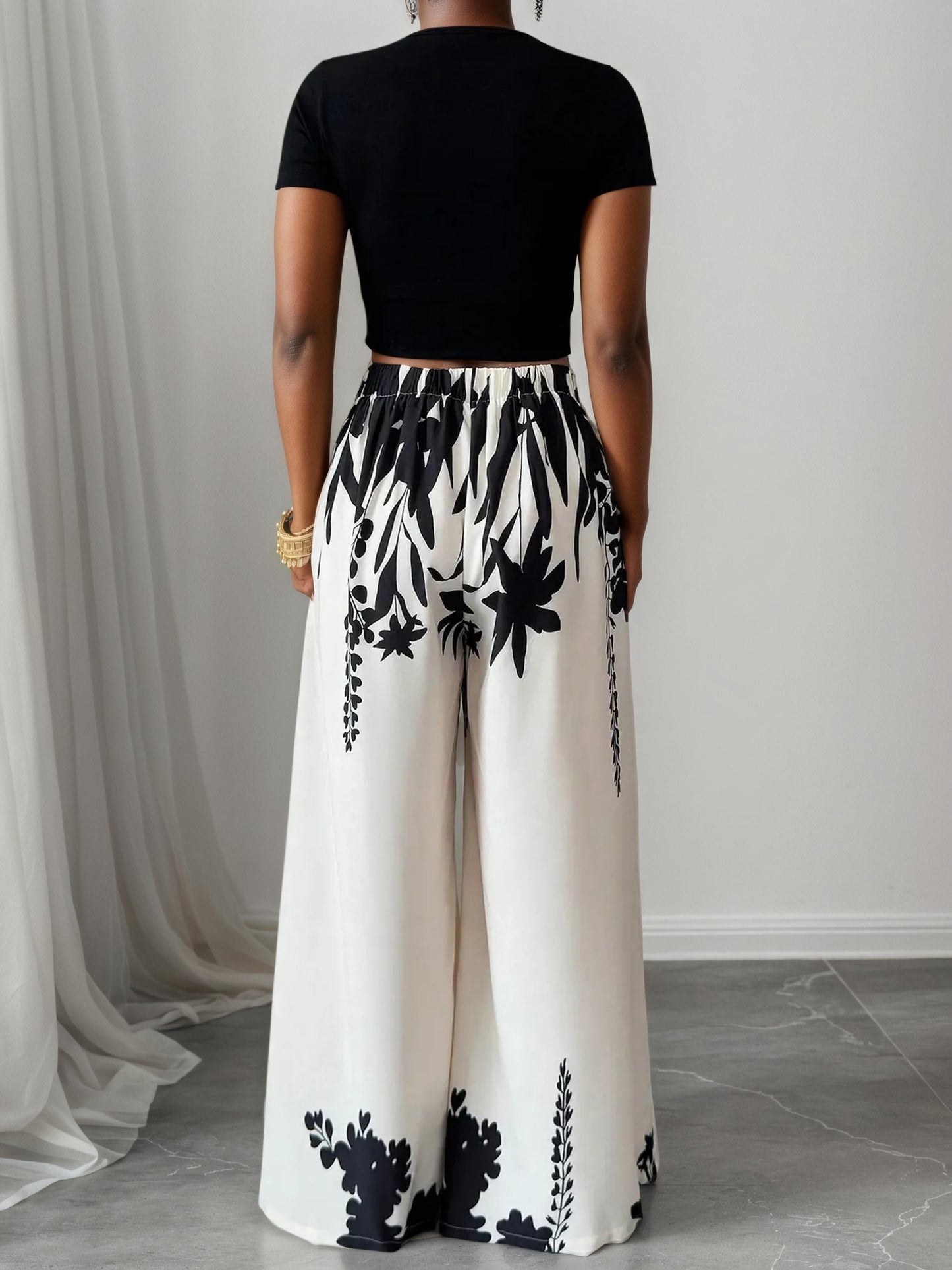 Abstract Floral Printed Wide Leg Pants