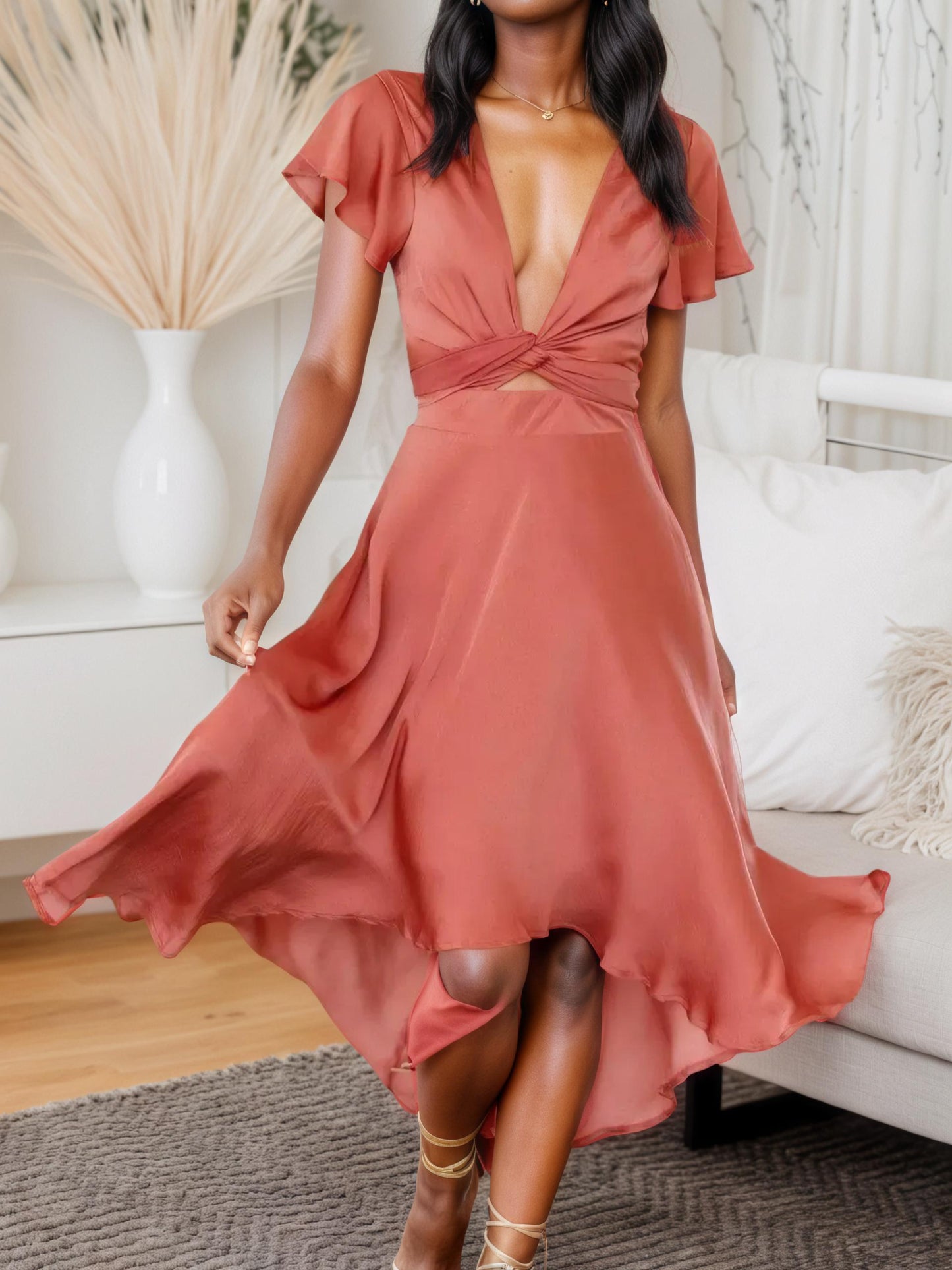 High-Low Twist Front Flutter Sleeve Dress