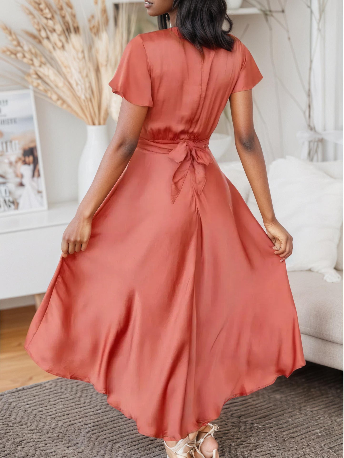 High-Low Twist Front Flutter Sleeve Dress