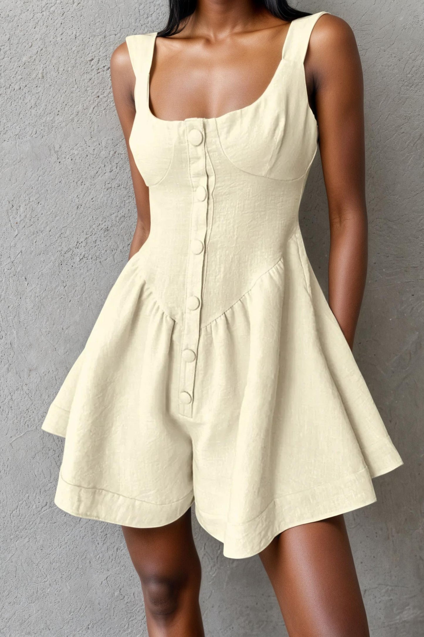 Wide Strap Flutter Romper with Button Detail