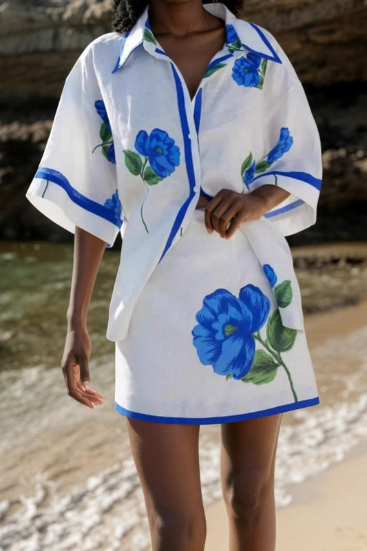 Large Floral Print Button Up and Mini Skirt Set