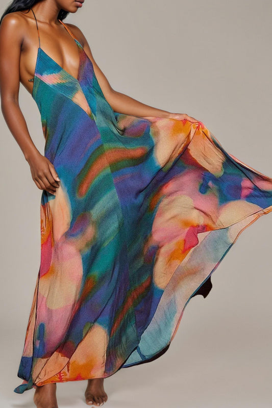 Abstract Print Halter Neck Maxi Dress