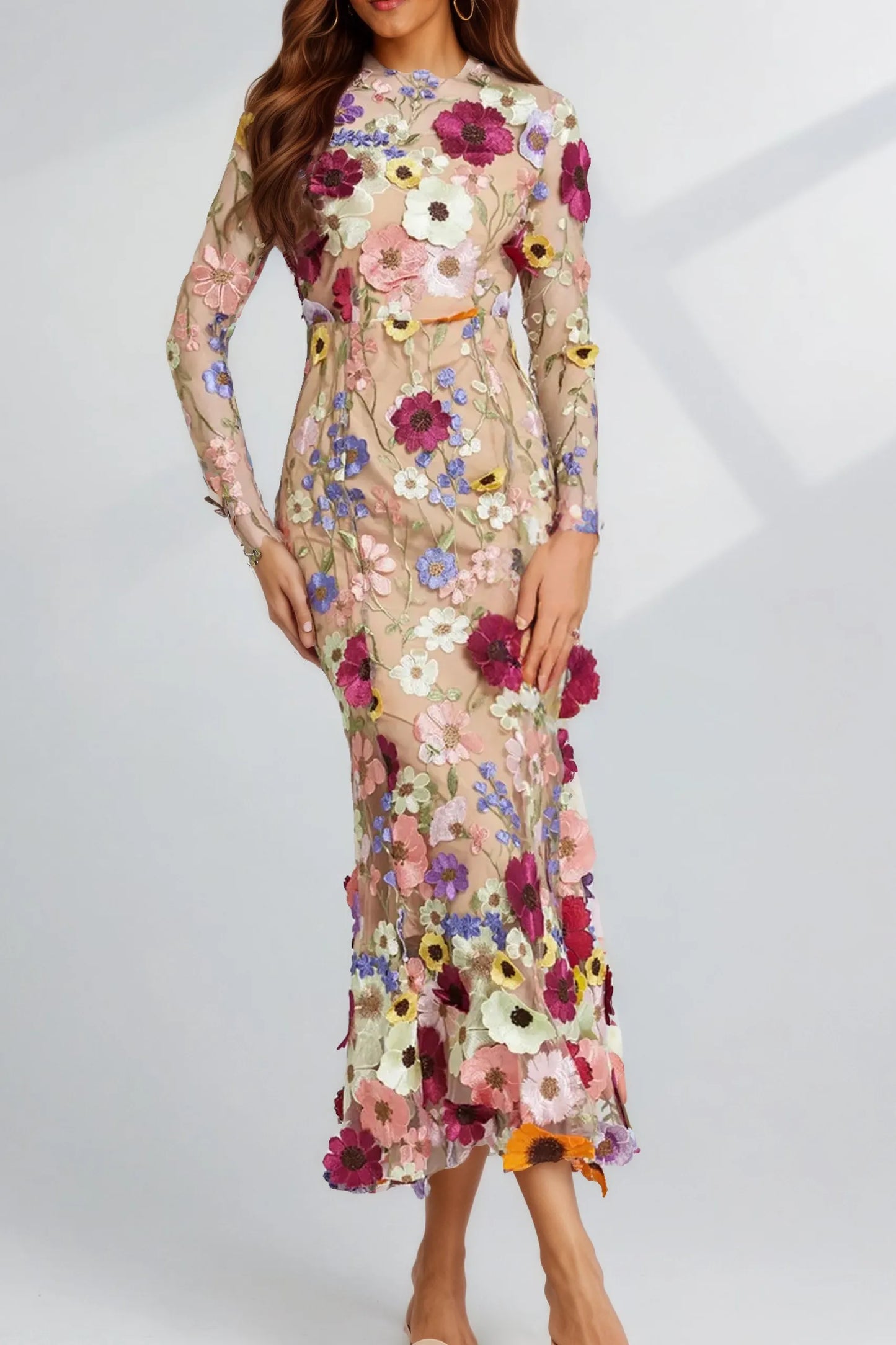Jardin Mesh Long Sleeve Midi Dress