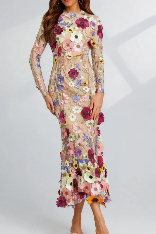 Jardin Mesh Long Sleeve Midi Dress