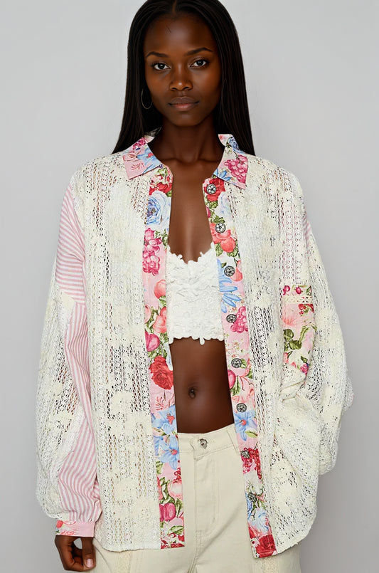 Mixed Print Lace Long Sleeve Shirt