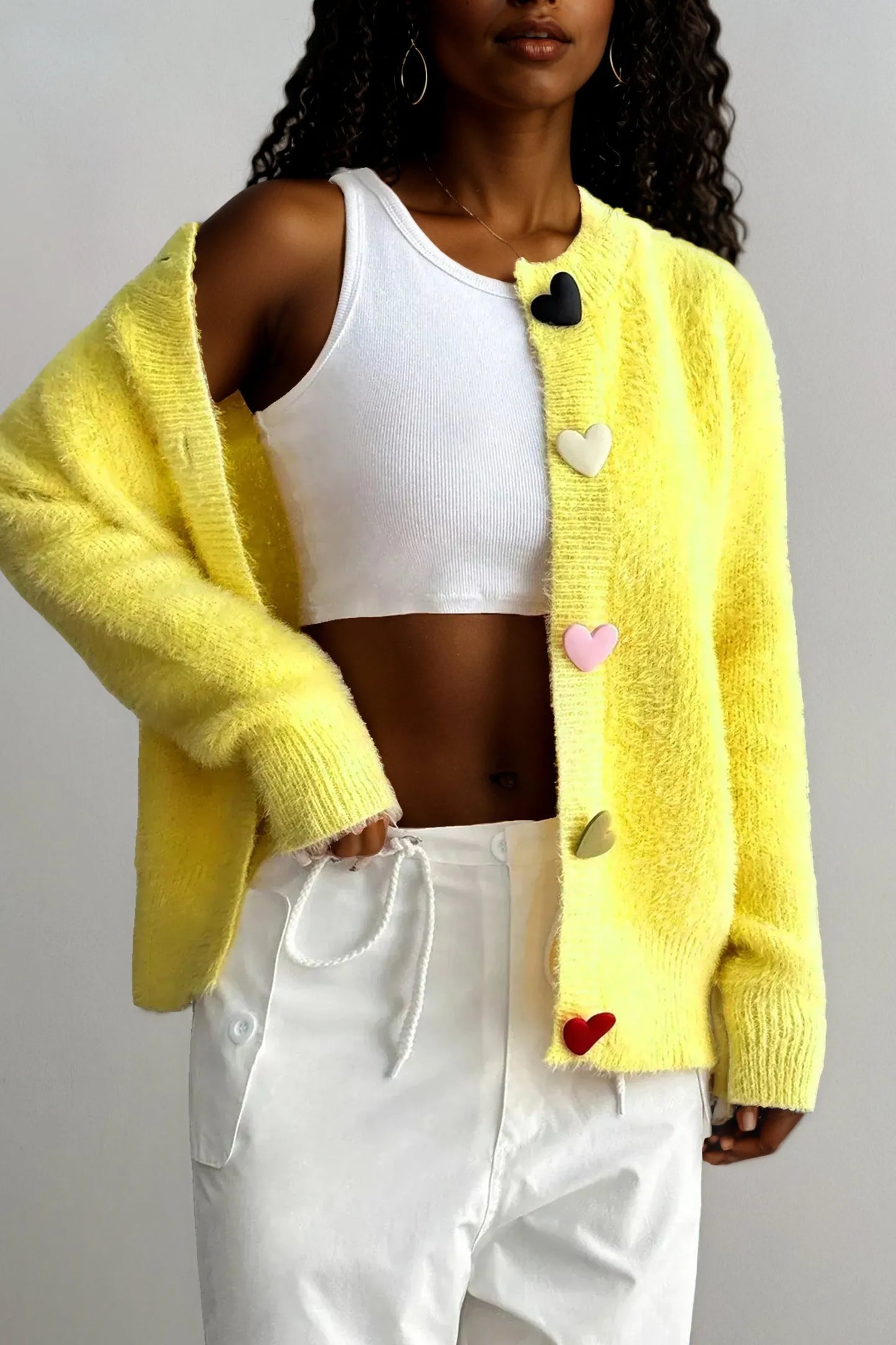 Heart Button Fuzzy Cardigan