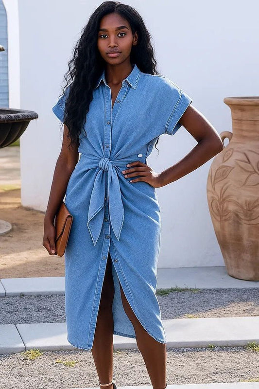 Tie Waist Button Up Short Sleeve Denim Dress