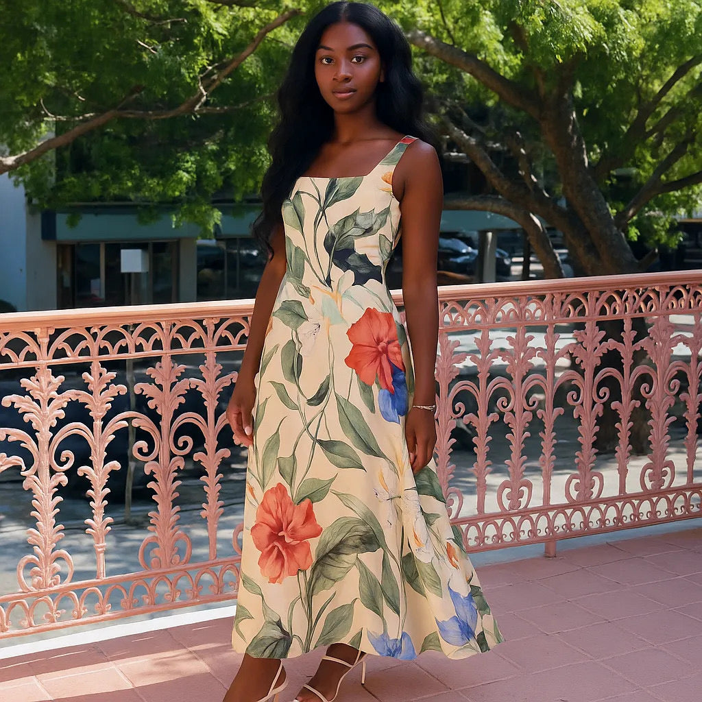 Floral Printed Square Neck Maxi Dress