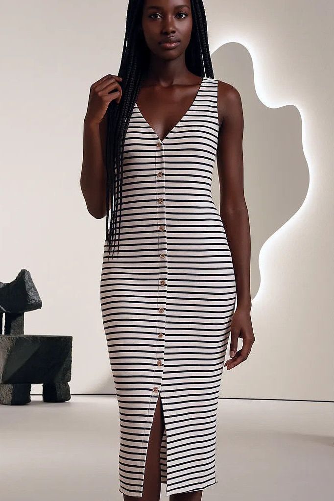 Cotton Striped Button Down Tank Midi Dress