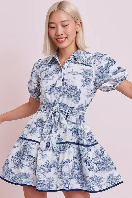 Short Sleeve Toile Printed Tiered Dress