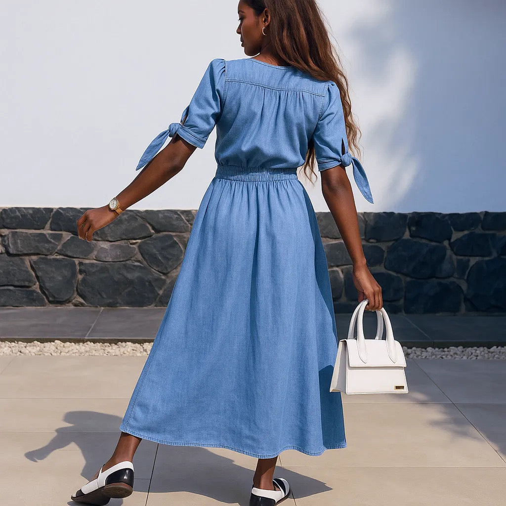 Button Front V-Neck Half Sleeve Denim Dress