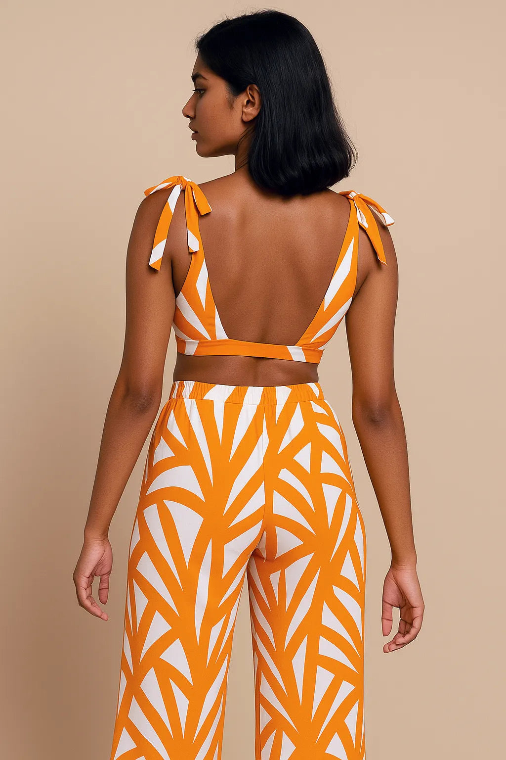 Printed Tie Shoulder One Piece Swimsuit and  Matching Pants Set