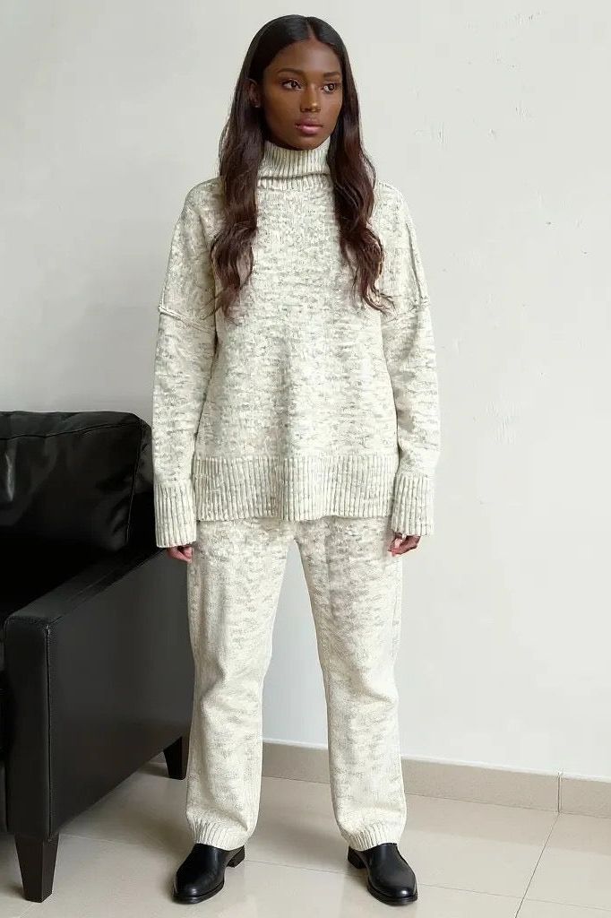 Slit Turtleneck Long Sleeve Top and Pants Sweater Set