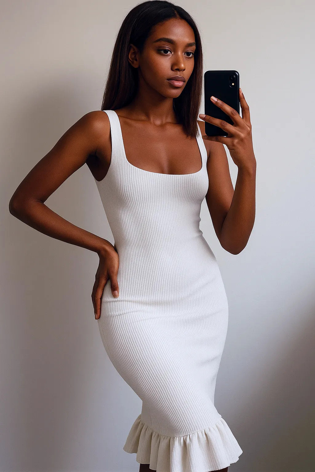 Ribbed Knit Bodycon Midi Dress with Ruffle Hem