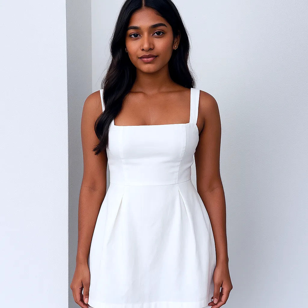Square Neck Mini Flare Dress w/ Bow Detail