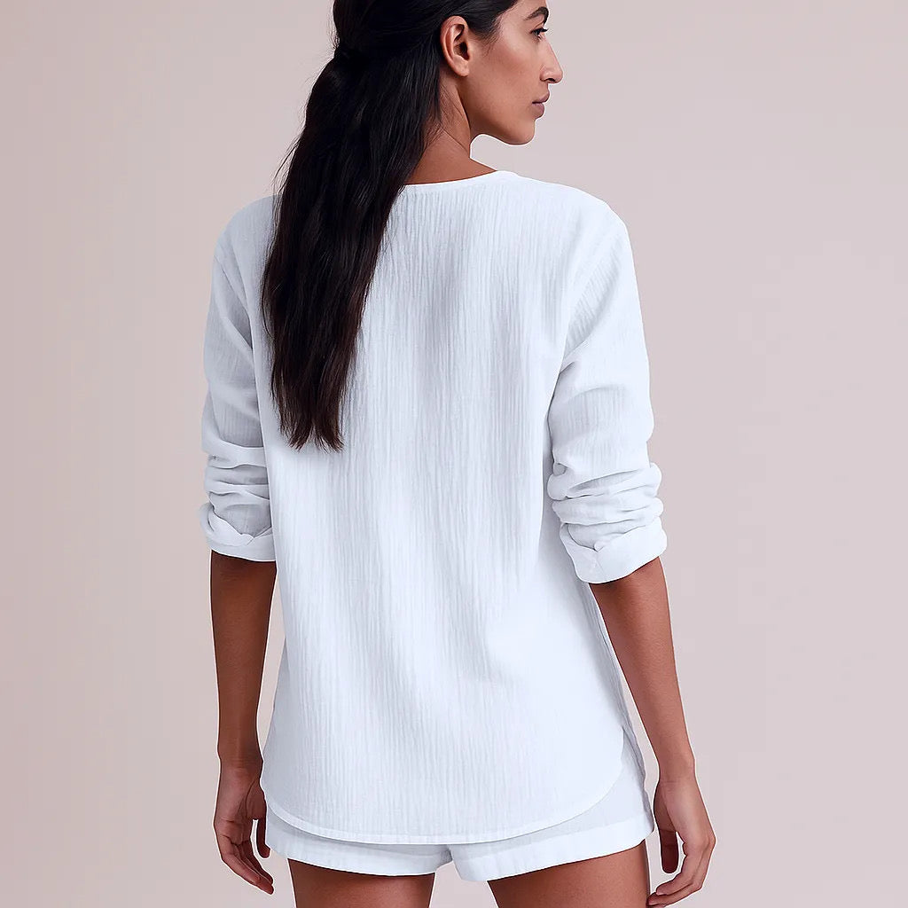 Notched Long Sleeve Top and Shorts Set