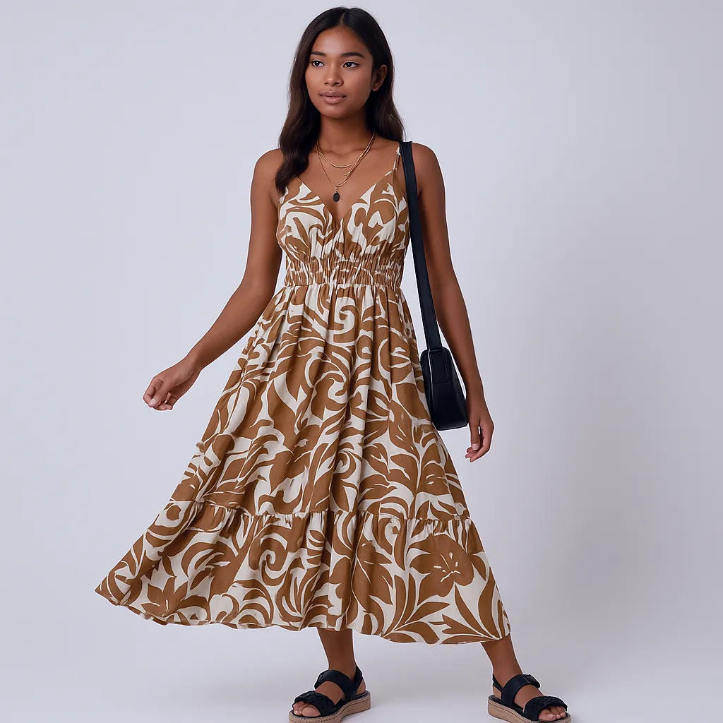 Floral Shirred High Waist Spaghetti Straps Dress