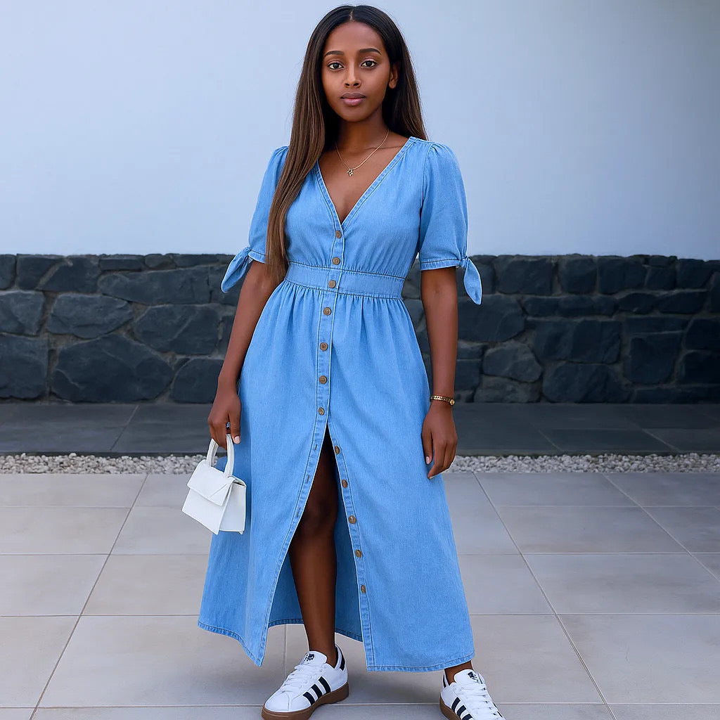 Button Front V-Neck Half Sleeve Denim Dress