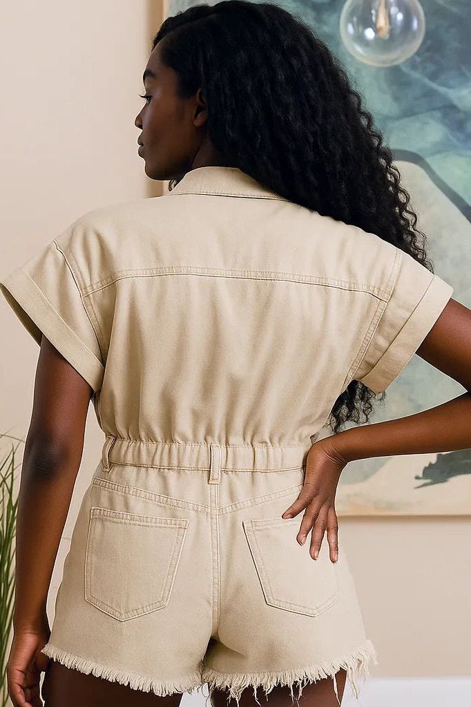 Distressed Detail Collared Short Sleeve Romper