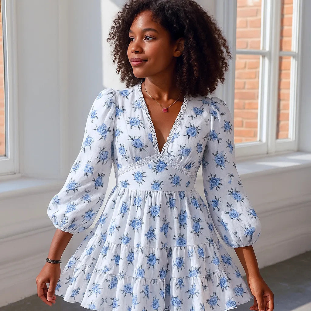 V-Neck Rose Printed Balloon Sleeve Dress w/ Lace Detail