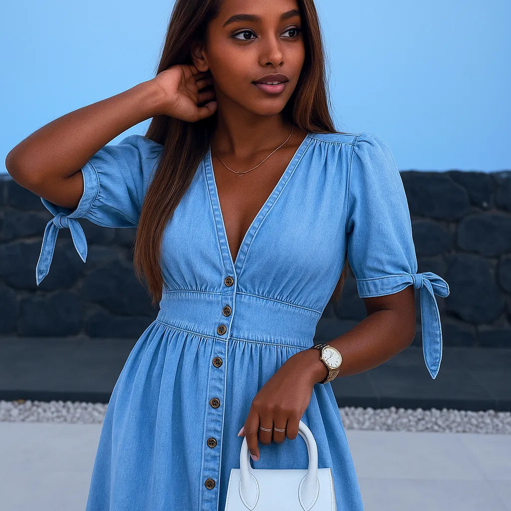 Button Front V-Neck Half Sleeve Denim Dress