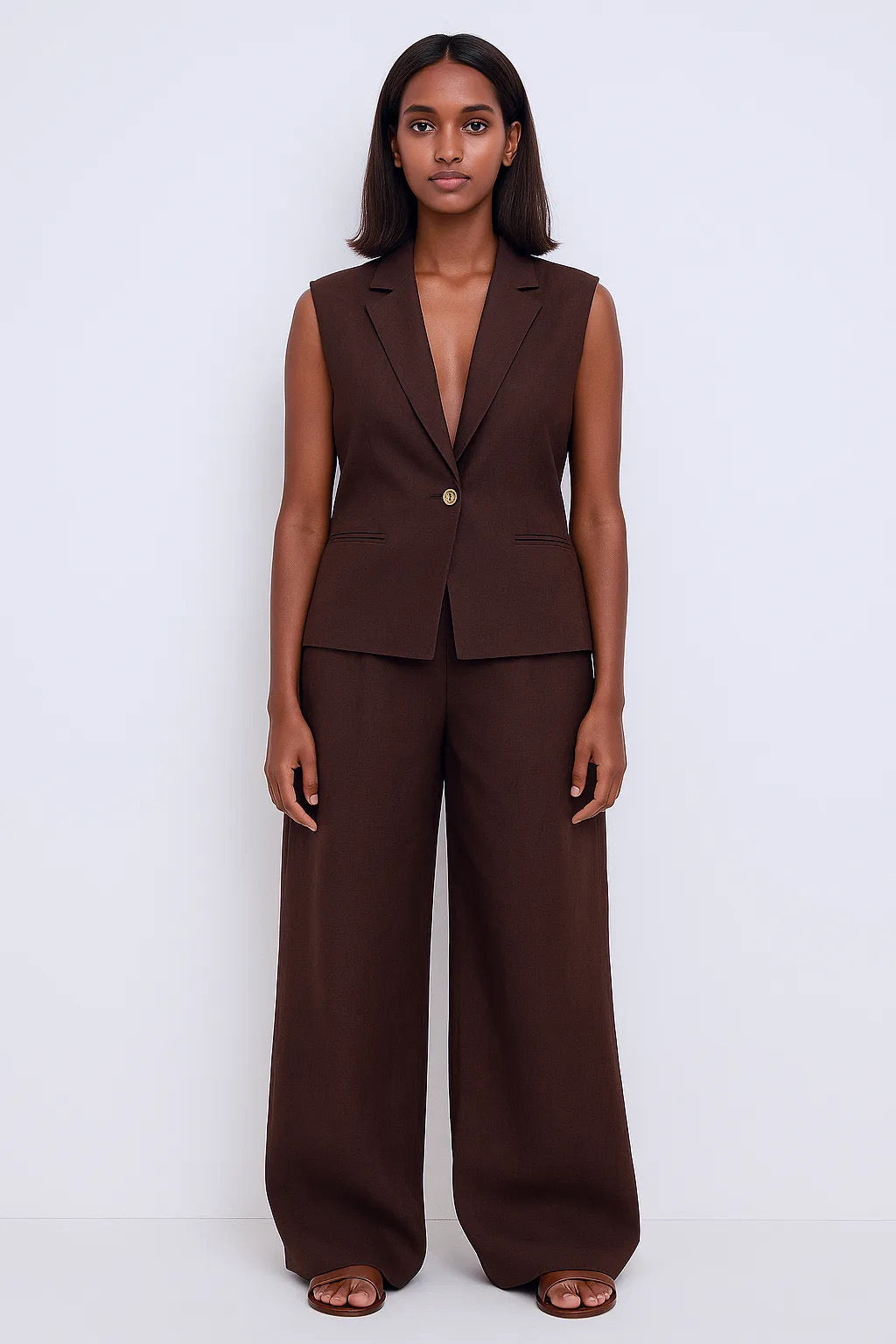 Sleeveless Linen Blazer and Wide Leg Pants Set