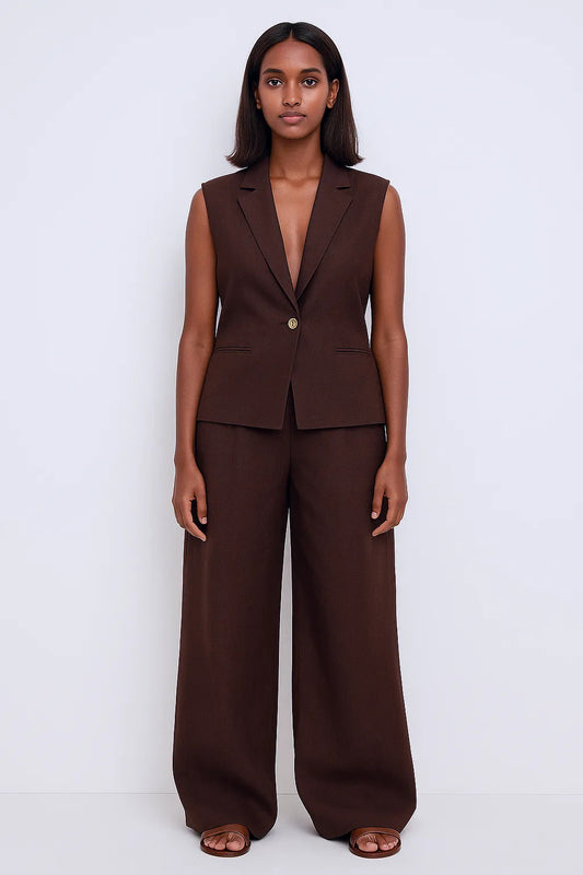 Sleeveless Linen Blazer and Wide Leg Pants Set