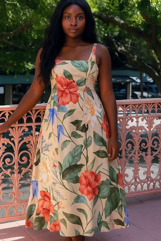 Floral Printed Square Neck Maxi Dress