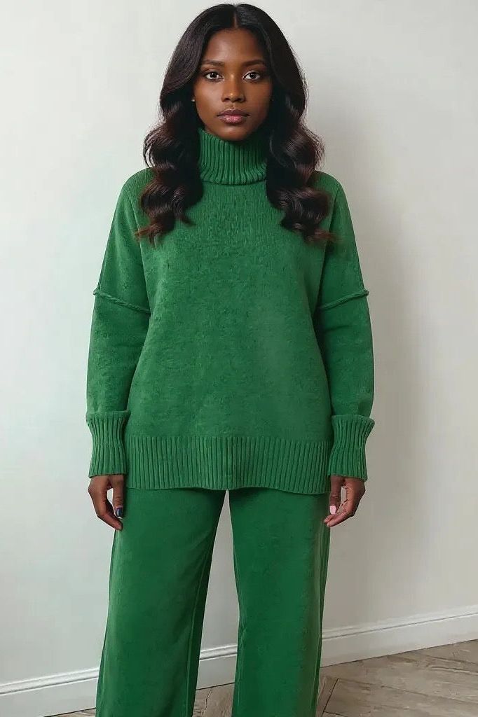 Slit Turtleneck Long Sleeve Top and Pants Sweater Set