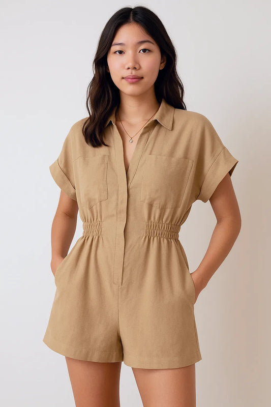 Collared V Neck Short Sleeve Romper