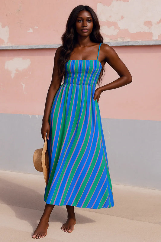 Aqua Striped Spaghetti Strap Maxi Dress
