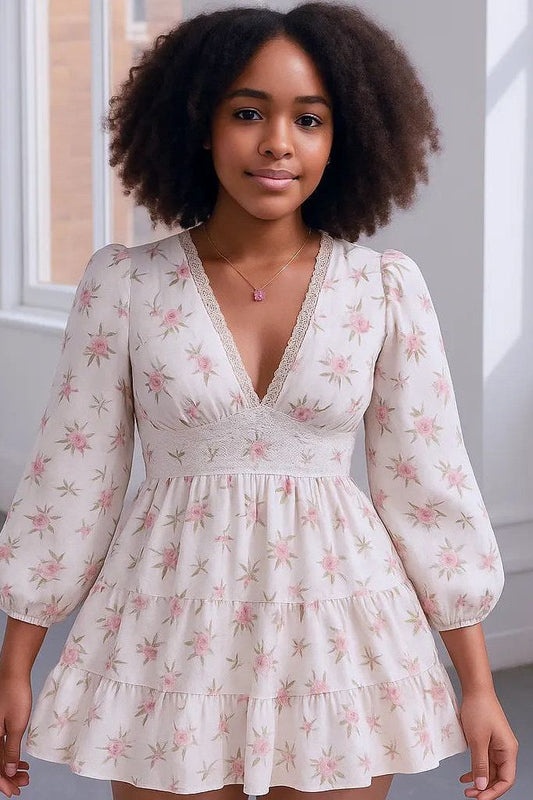 V-Neck Rose Printed Balloon Sleeve Dress w/ Lace Detail