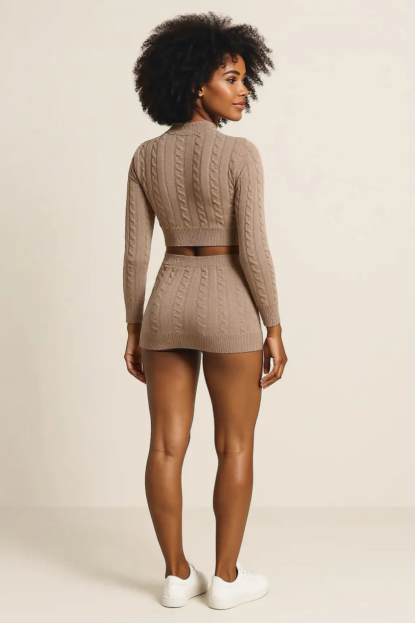 Cable-Knit Round Neck Top and Skirt Sweater Set