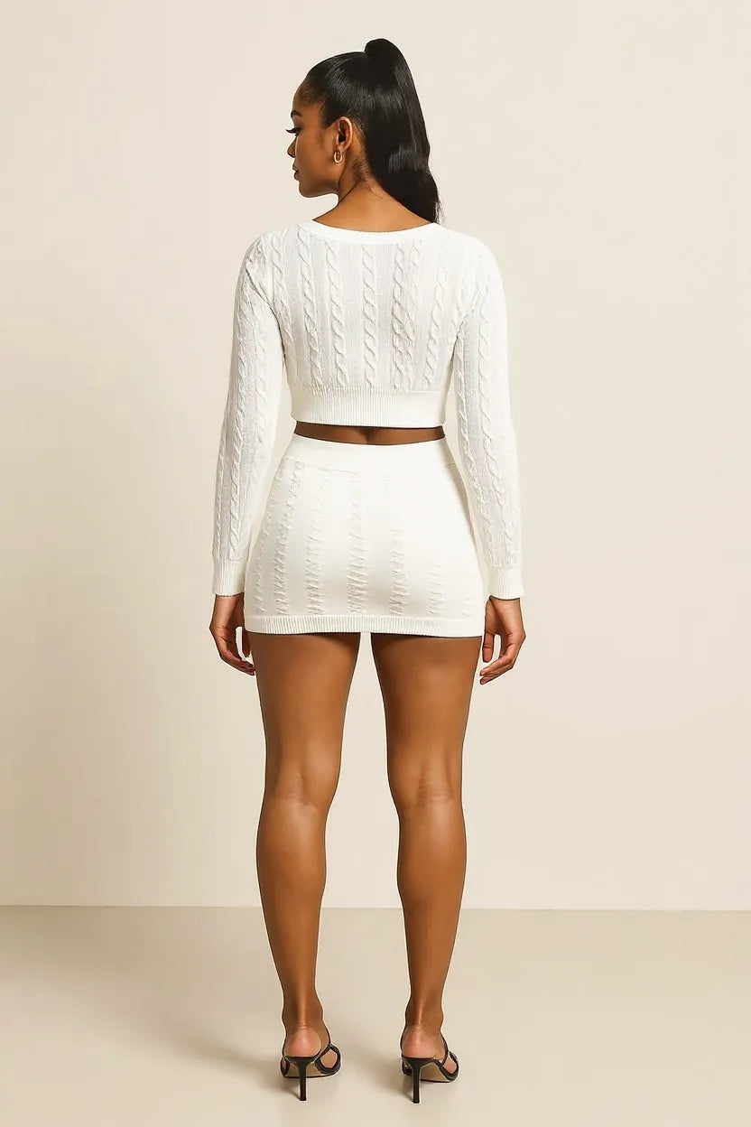 Cable-Knit Round Neck Top and Skirt Sweater Set